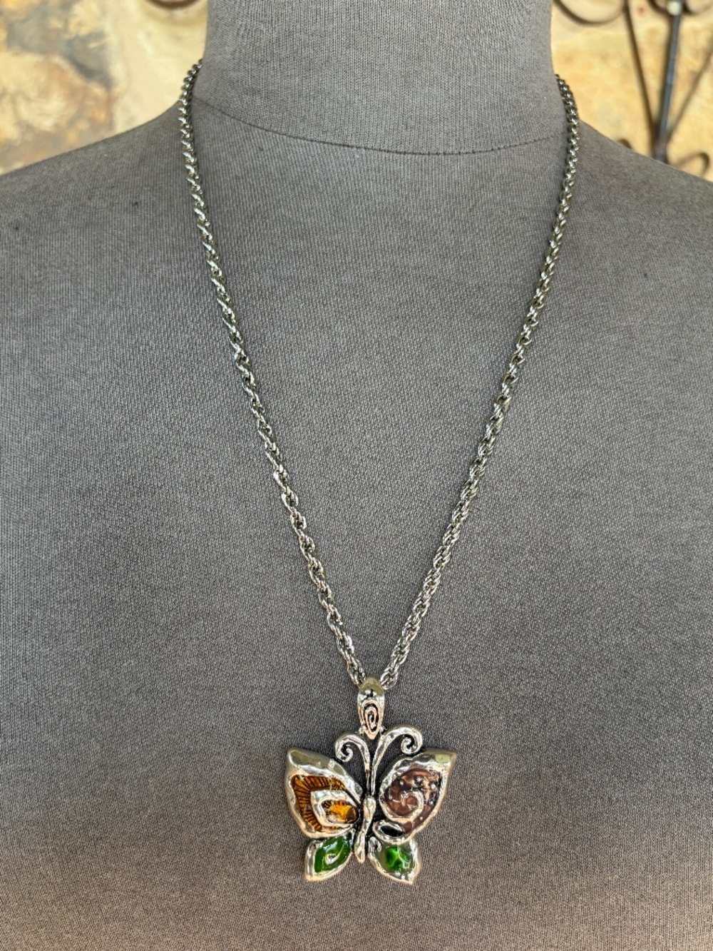 24” Twisted Silver Tone Chain with Butterfly Pendant - Green, Amber, Silver